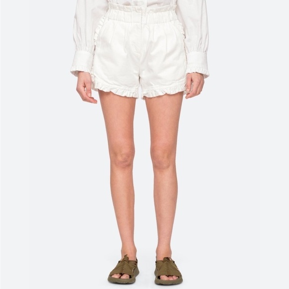 Sea New York Pants - Sea New York Doris Paperbag White Denim Ruffle Shorts Size 0